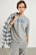 Erkek Bisiklet Yaka Logo Baskılı Pamuklu Sweatshirt - Gri Melanj