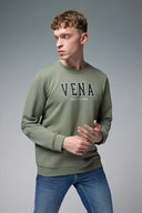 Erkek Bisiklet Yaka Logo Baskılı Pamuklu Sweatshirt - Haki