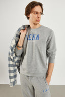 Erkek Bisiklet Yaka Logo Baskılı Pamuklu Sweatshirt - Gri Melanj