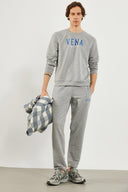 Erkek Bisiklet Yaka Logo Baskılı Pamuklu Sweatshirt - Gri Melanj