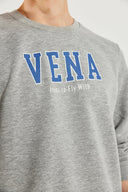 Erkek Bisiklet Yaka Logo Baskılı Pamuklu Sweatshirt - Gri Melanj