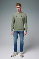 Erkek Bisiklet Yaka Logo Baskılı Pamuklu Sweatshirt - Haki