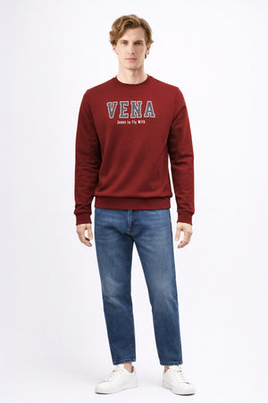 Erkek Bisiklet Yaka Logo Baskılı %100 Pamuk Sweatshirt - Bordo