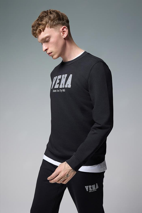 Erkek Bisiklet Yaka Siyah Logo Baskılı Pamuklu Sweatshirt