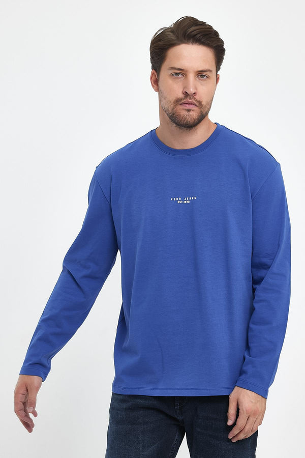 Brand Baskılı Bisiklet Yaka Regular Fit Tişört - SAFİR