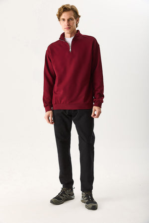 Erkek Bruce Dik Yaka Yarım Fermuarlı Sweatshirt %100 Pamuk - Bordo