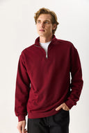 Erkek Bruce Dik Yaka Yarım Fermuarlı Sweatshirt %100 Pamuk - Bordo