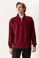 Erkek Bruce Dik Yaka Yarım Fermuarlı Sweatshirt %100 Pamuk - Bordo