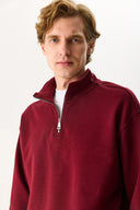 Erkek Bruce Dik Yaka Yarım Fermuarlı Sweatshirt %100 Pamuk - Bordo