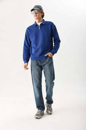 Erkek Bruce Dik Yaka Yarım Fermuarlı Sweatshirt %100 Pamuk - Navy
