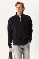 Erkek Bruce Dik Yaka Yarım Fermuarlı Sweatshirt %100 Pamuk - Siyah