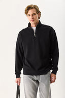 Erkek Bruce Dik Yaka Yarım Fermuarlı Sweatshirt %100 Pamuk - Siyah