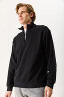 Erkek Bruce Dik Yaka Yarım Fermuarlı Sweatshirt %100 Pamuk - Siyah