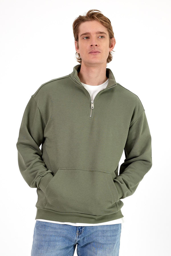 Erkek Bruce Haki Dik Yaka Yarım Fermuarlı Sweatshirt