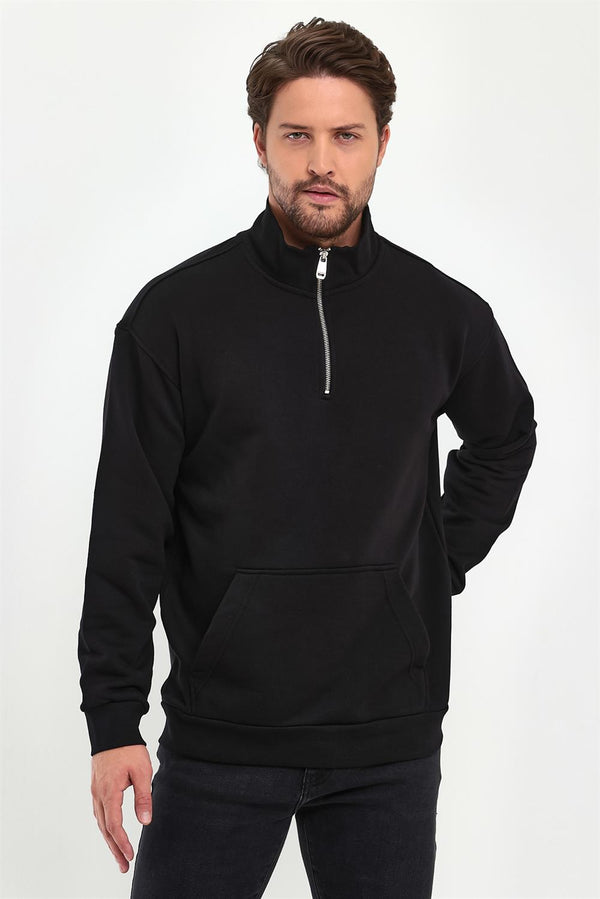 Bruce Dik Yaka Yarım Fermuarlı Pamuklu Sweatshirt - SİYAH