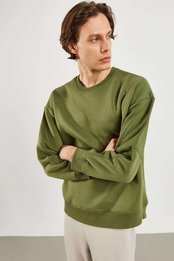 Erkek Clark Haki Sıfır Yaka Oversize Sweatshirt