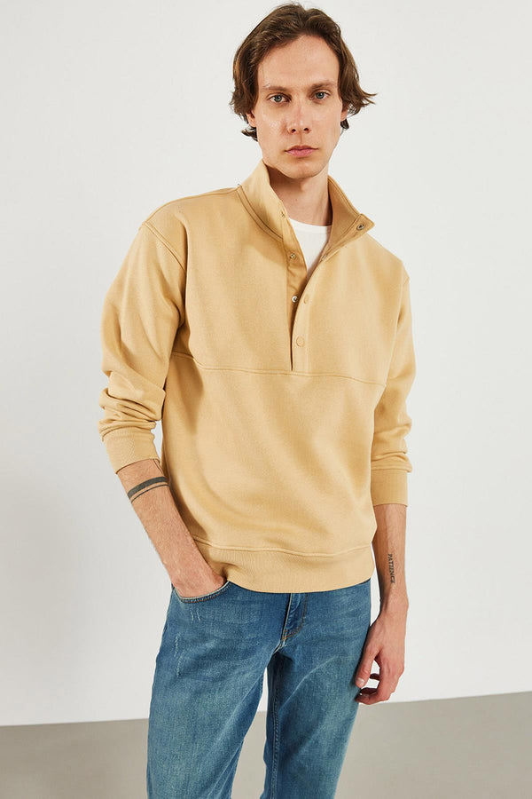Erkek Dik Yaka Bej Çıt Çıtlı Sweatshirt
