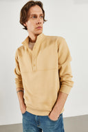 Erkek Dik Yaka Çıt Çıtlı Sweatshirt - Bej