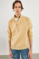 Erkek Dik Yaka Çıt Çıtlı Sweatshirt - Bej