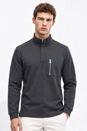 Erkek Dik Yaka Fermuarlı Yumuşak Dokulu Sweatshirt-Füme