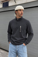 Erkek Dik Yaka Fermuarlı Yumuşak Dokulu Sweatshirt-Füme