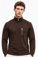 Erkek Dik Yaka Fermuarlı Yumuşak Dokulu Sweatshirt-Kahverengi