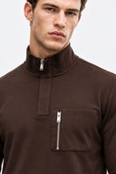 Erkek Dik Yaka Fermuarlı Yumuşak Dokulu Sweatshirt-Kahverengi