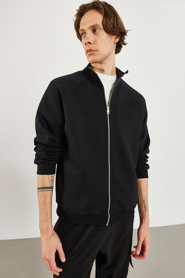 Erkek Dik Yaka Siyah Oversize Önü Fermuarlı Sweatshirt