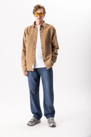 Erkek Jason Renkli Oversize Dış Gömlek %100 Pamuk - Camel