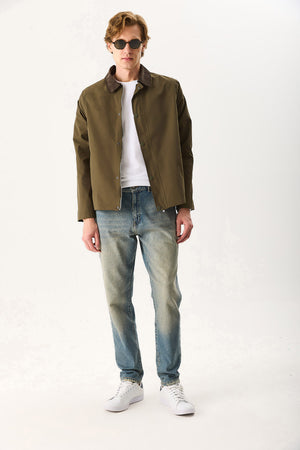 Erkek Kadife Yakalı Regular Fit Gabardin Ceket - Haki