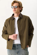 Erkek Kadife Yakalı Regular Fit Gabardin Ceket - Haki