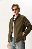 Erkek Kadife Yakalı Regular Fit Gabardin Ceket - Haki