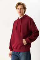 Erkek Kapüşonlu Basic Hoodie Sweatshirt %100 Pamuk - Bordo