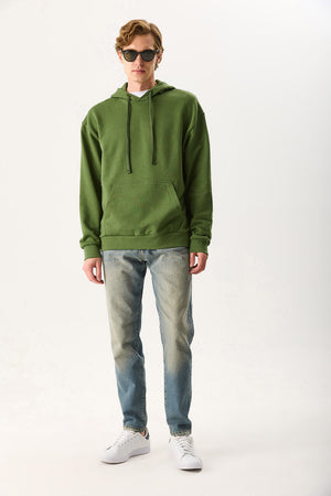 Erkek Kapüşonlu Basic Hoodie Sweatshirt %100 Pamuk - Haki