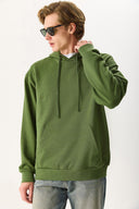 Erkek Kapüşonlu Basic Hoodie Sweatshirt %100 Pamuk - Haki