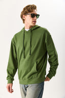 Erkek Kapüşonlu Basic Hoodie Sweatshirt %100 Pamuk - Haki