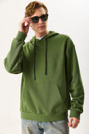 Erkek Kapüşonlu Basic Hoodie Sweatshirt %100 Pamuk - Haki