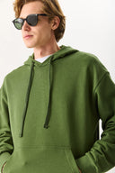 Erkek Kapüşonlu Basic Hoodie Sweatshirt %100 Pamuk - Haki