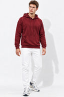 Erkek  Kapüşonlu Basic Pamuklu Hoodie Sweatshirt %100 Pamuk-Bordo
