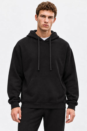Erkek  Kapüşonlu Basic Pamuklu Hoodie Sweatshirt %100 Pamuk-Siyah