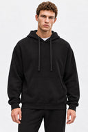 Erkek  Kapüşonlu Basic Pamuklu Hoodie Sweatshirt %100 Pamuk-Siyah