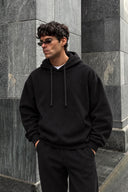 Erkek  Kapüşonlu Basic Pamuklu Hoodie Sweatshirt %100 Pamuk-Siyah