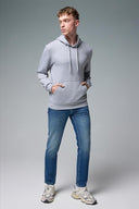 Erkek Kapüşonlu Basic Pamuklu Hoodie Sweatshirt - Gri Melanj