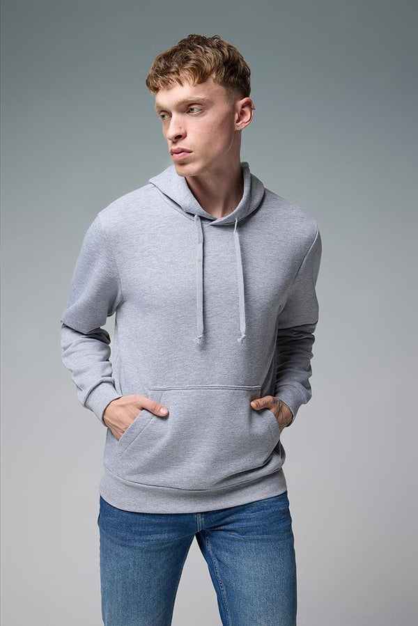 Erkek Kapüşonlu Gri Melanj Basic Pamuklu Hoodie Sweatshirt