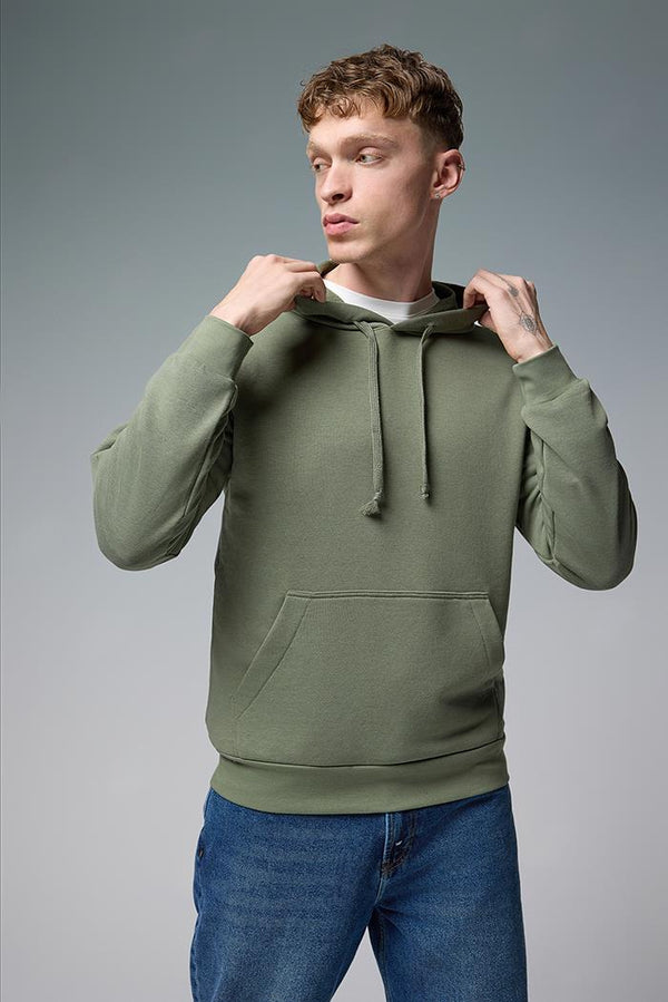 Erkek Kapüşonlu Haki Basic Pamuklu Hoodie Sweatshirt