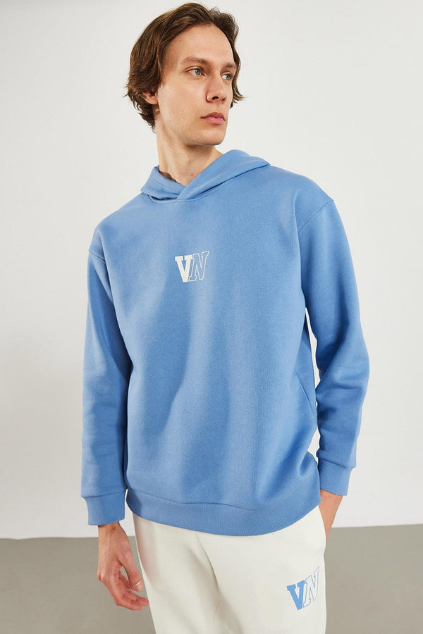 Erkek Kapüşonlu Logo Baskılı Mavi Oversize Şardonlu Sweatshirt