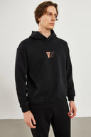 Erkek Kapüşonlu Logo Baskılı Oversize Şardonlu Sweatshirt - Siyah