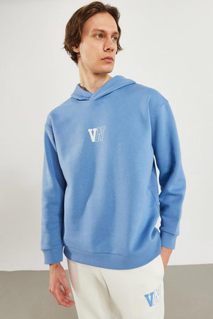 Erkek Kapüşonlu Logo Baskılı Oversize Şardonlu Sweatshirt - Mavi