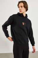 Erkek Kapüşonlu Logo Baskılı Oversize Şardonlu Sweatshirt - Siyah