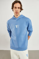 Erkek Kapüşonlu Logo Baskılı Oversize Şardonlu Sweatshirt - Mavi